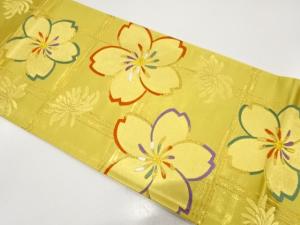 格子に桜・菊模様織り出し　振袖用袋帯